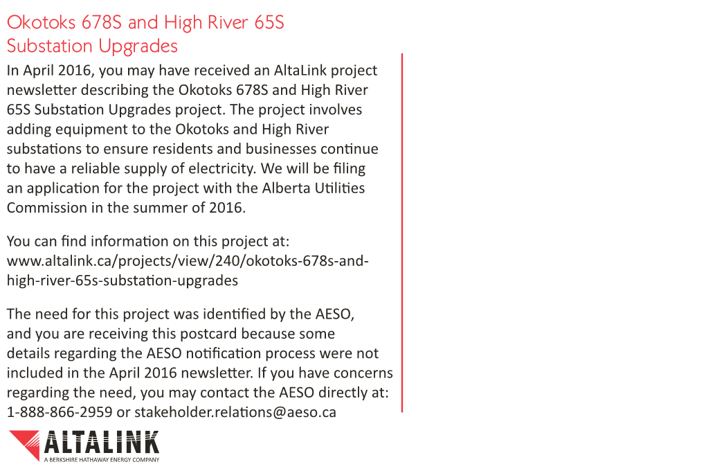 Okotoks 678S and High River 65S Substation Upgrades Project