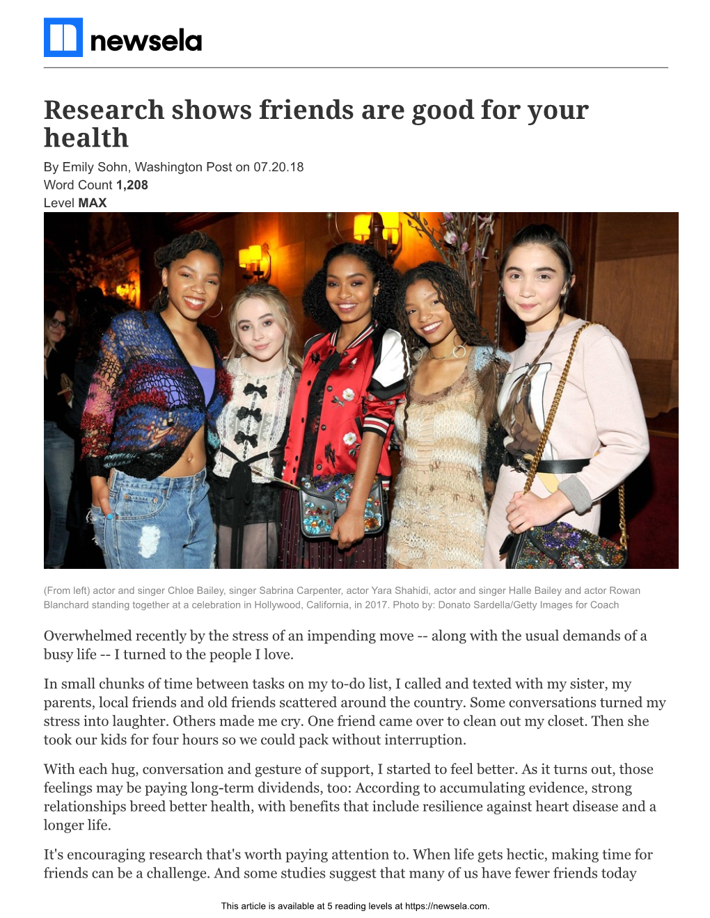 Research Shows Friends Are Good for Your Health by Emily Sohn, Washington Post on 07.20.18 Word Count 1,208 Level MAX