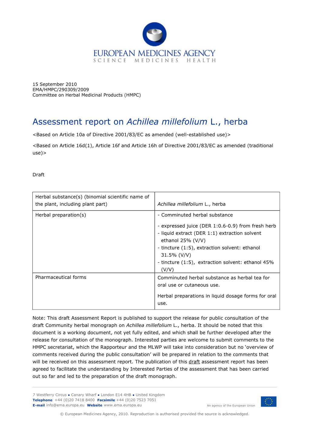 Assessment Report on Achillea Millefolium L., Herba