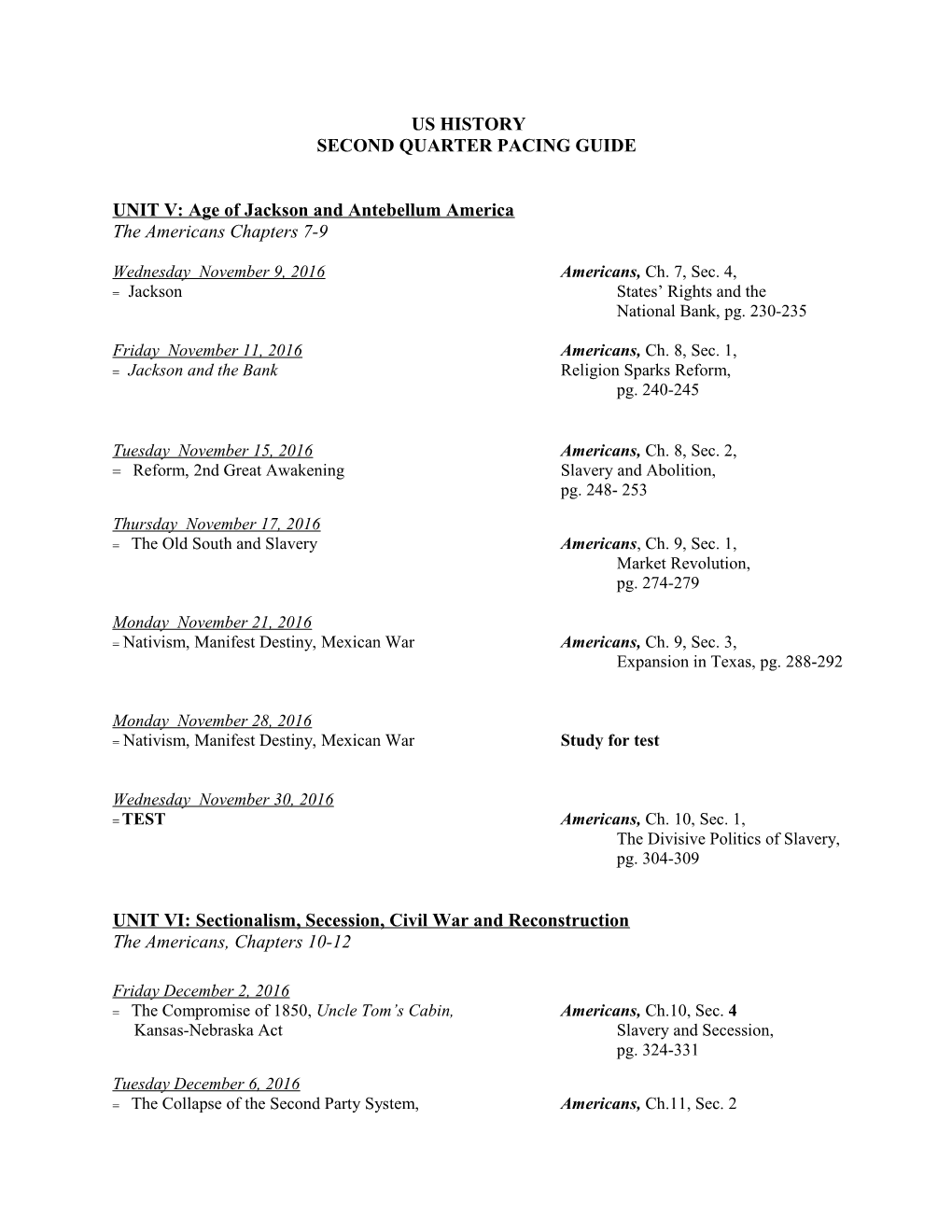 Second Quarter Pacing Guide