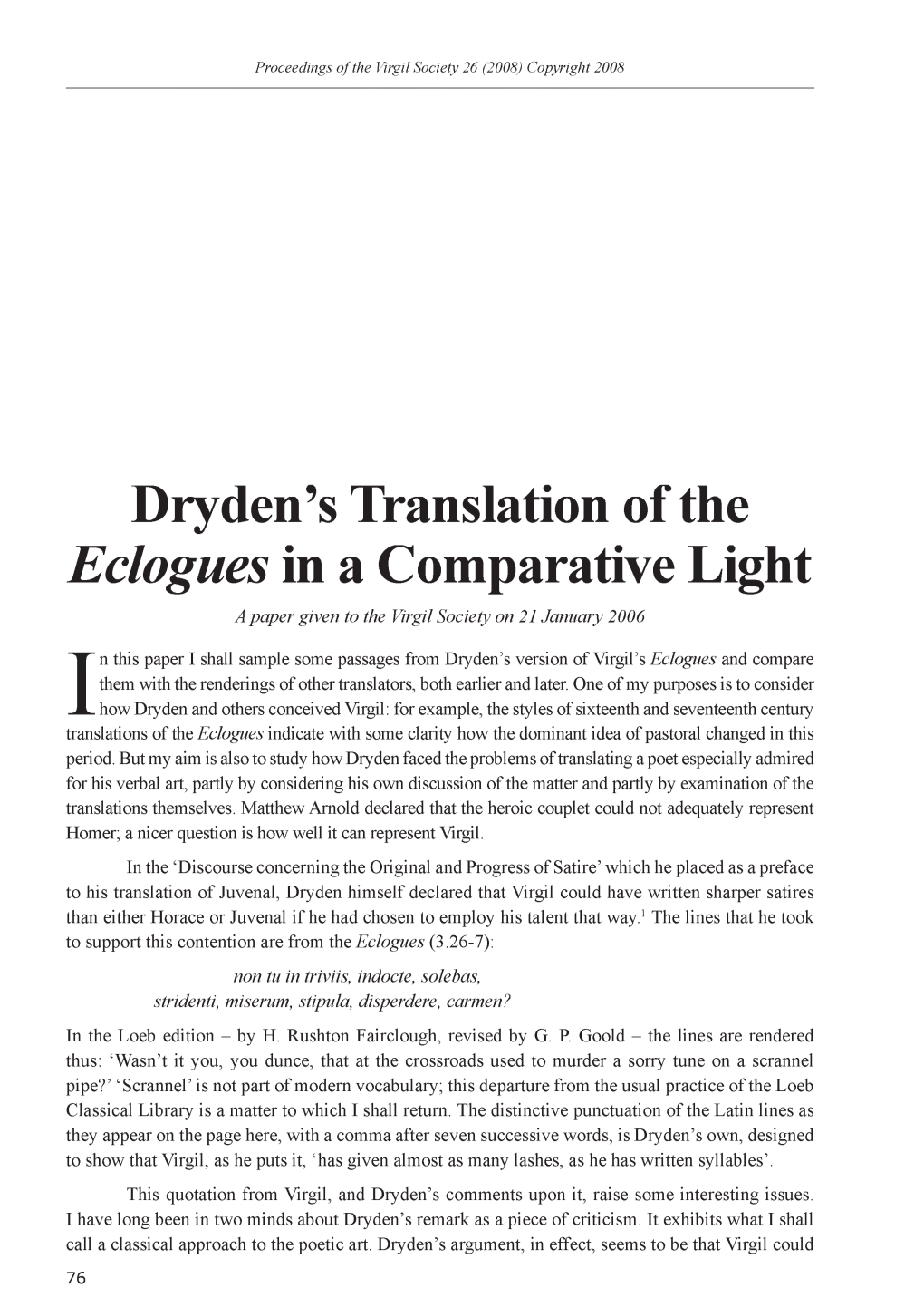 Dryden's Translation of the Eclogues in a Comparative Light