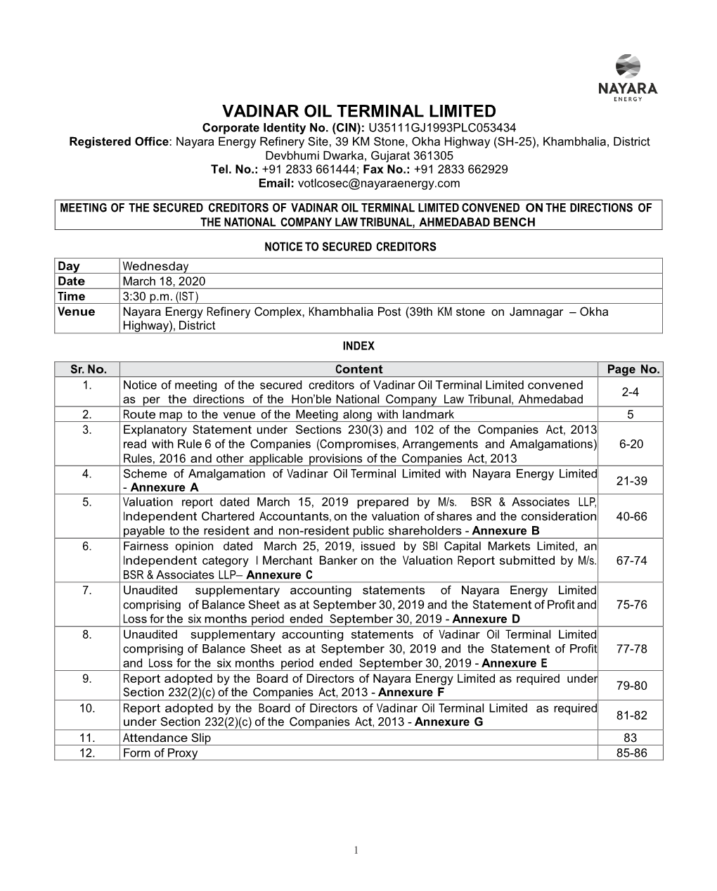 VADINAR OIL TERMINAL LIMITED Corporate Identity No