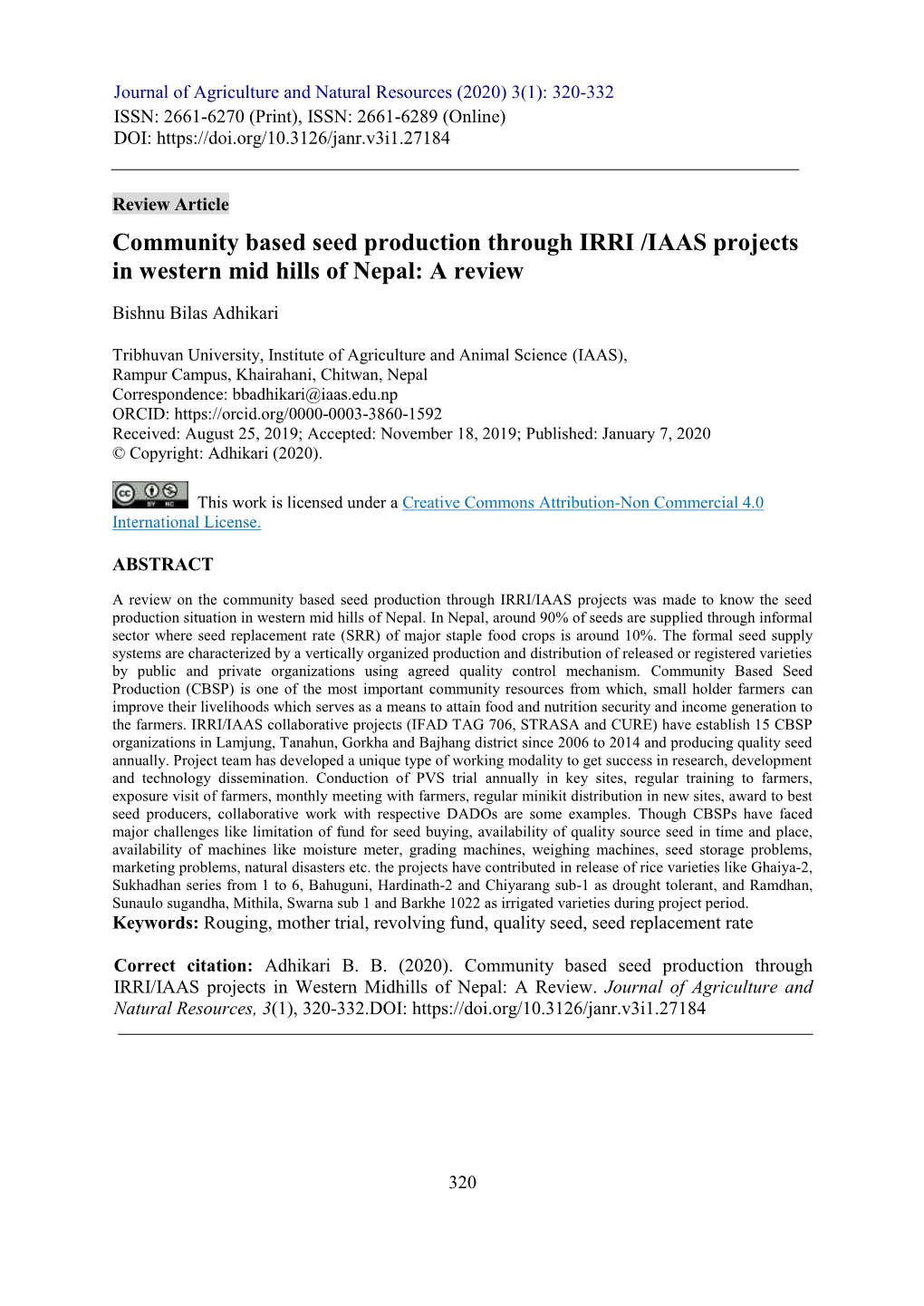 Community Based Seed Production Through IRRI /IAAS Projects in Western Mid Hills of Nepal: a Review