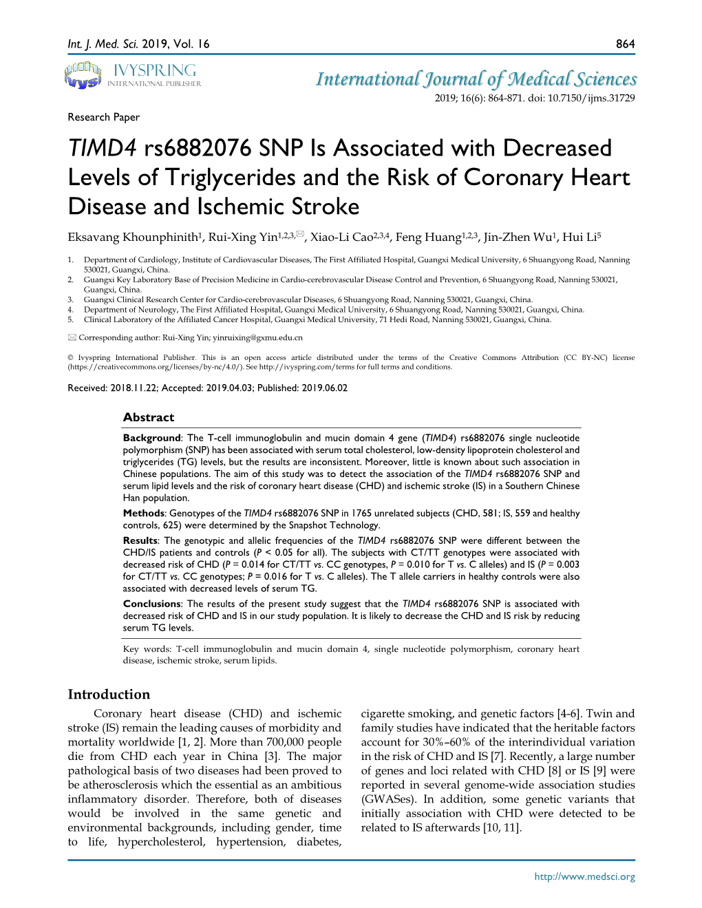 TIMD4 Rs6882076 SNP Is Associated with Decreased Levels Of