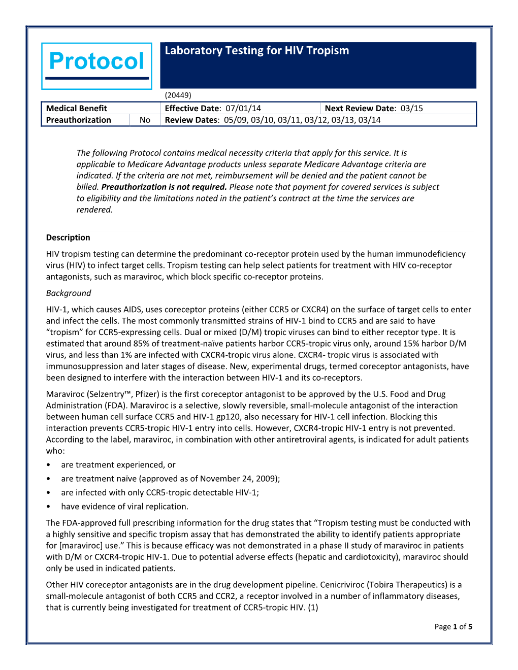 Laboratory Testing for HIV Tropism Protocol