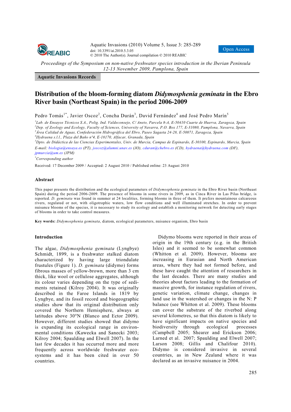 Distribution of the Bloom-Forming Diatom Didymosphenia Geminata in the Ebro River Basin (Northeast Spain) in the Period 2006-2009