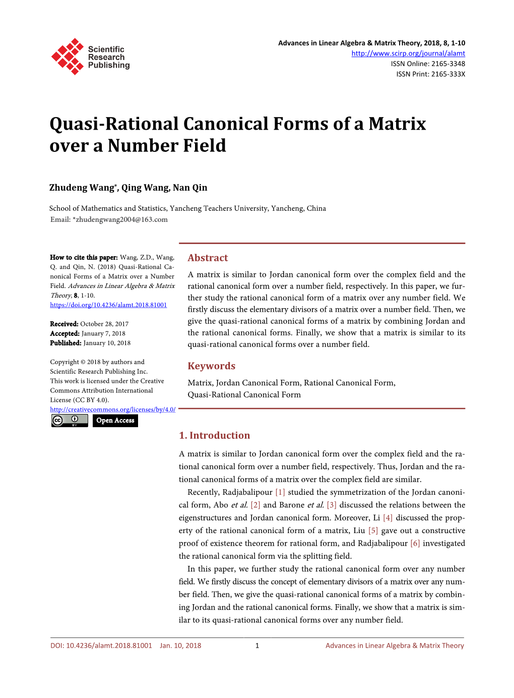 Quasi-Rational Canonical Forms of a Matrix Over a Number Field