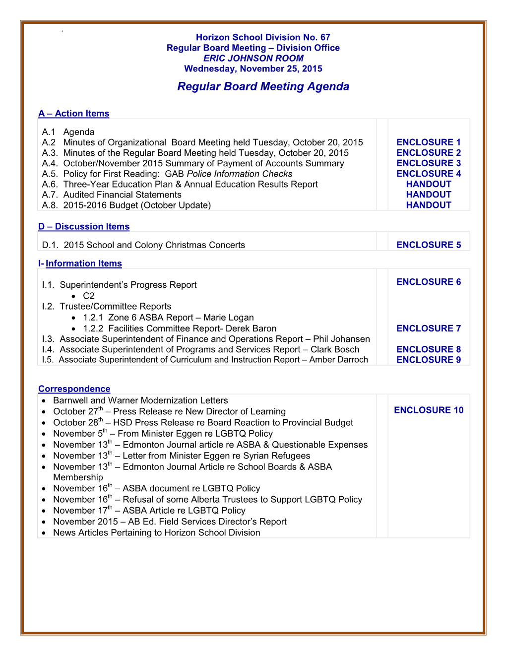 Regular Board Meeting Agenda