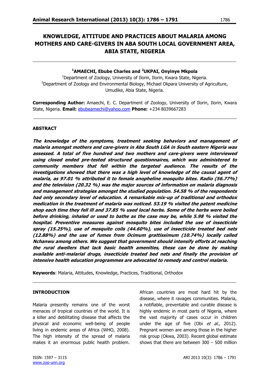 Knowledge, Attitude and Practices About Malaria Among Mothers and Care-Givers in Aba South Local Government Area, Abia State, Nigeria