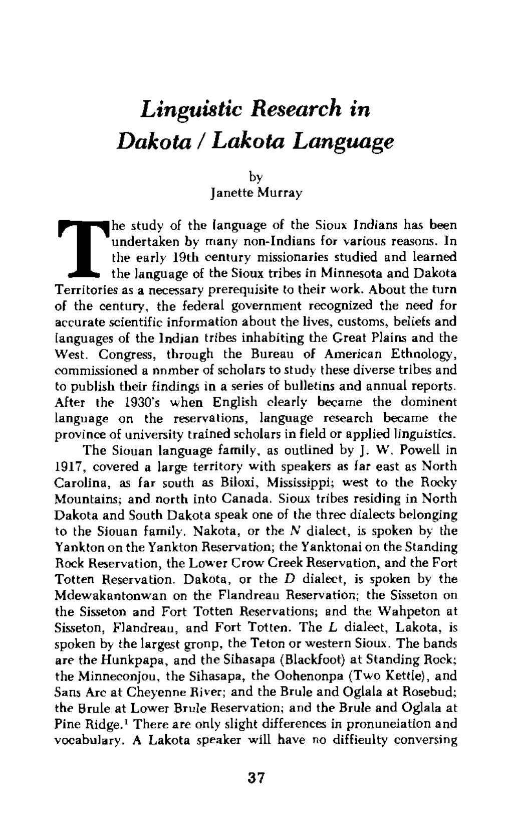 Linguistic Research in Dakota I Lakota Language