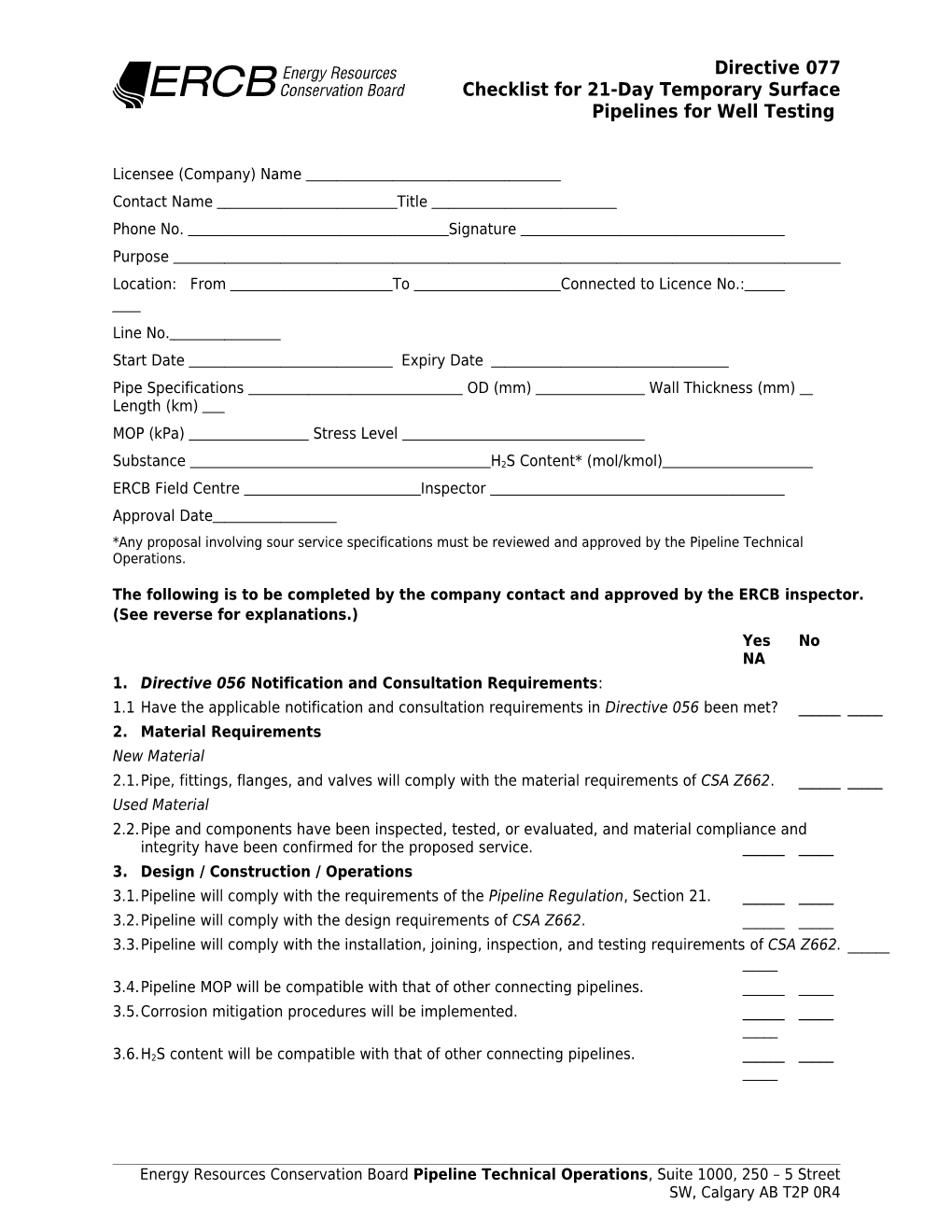 Checklist for 21-Day Temporary Surface Pipelines for Well Testing Purposes