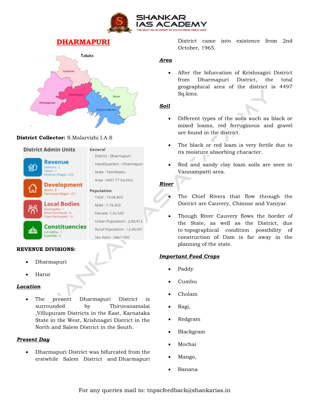 DHARMAPURI District Came Into Existence from 2Nd October, 1965