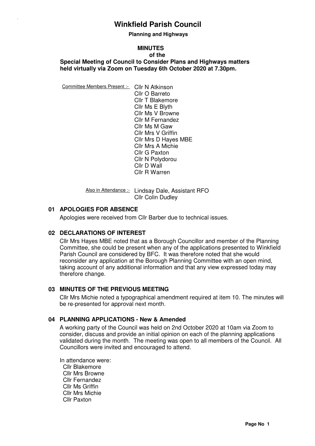 Winkfield Parish Council Planning and Highways