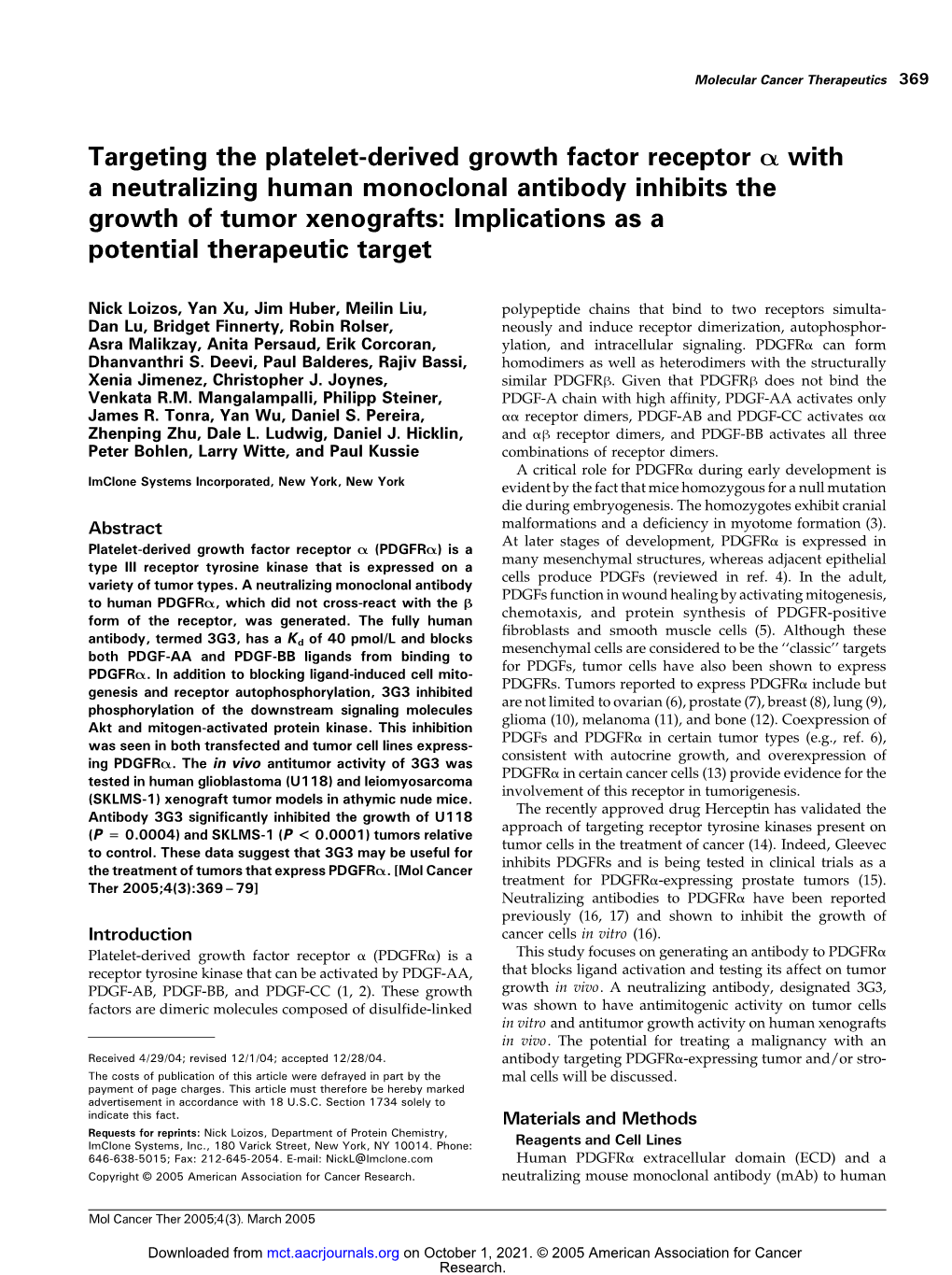 Targeting the Platelet-Derived Growth Factor Receptor a with a Neutralizing