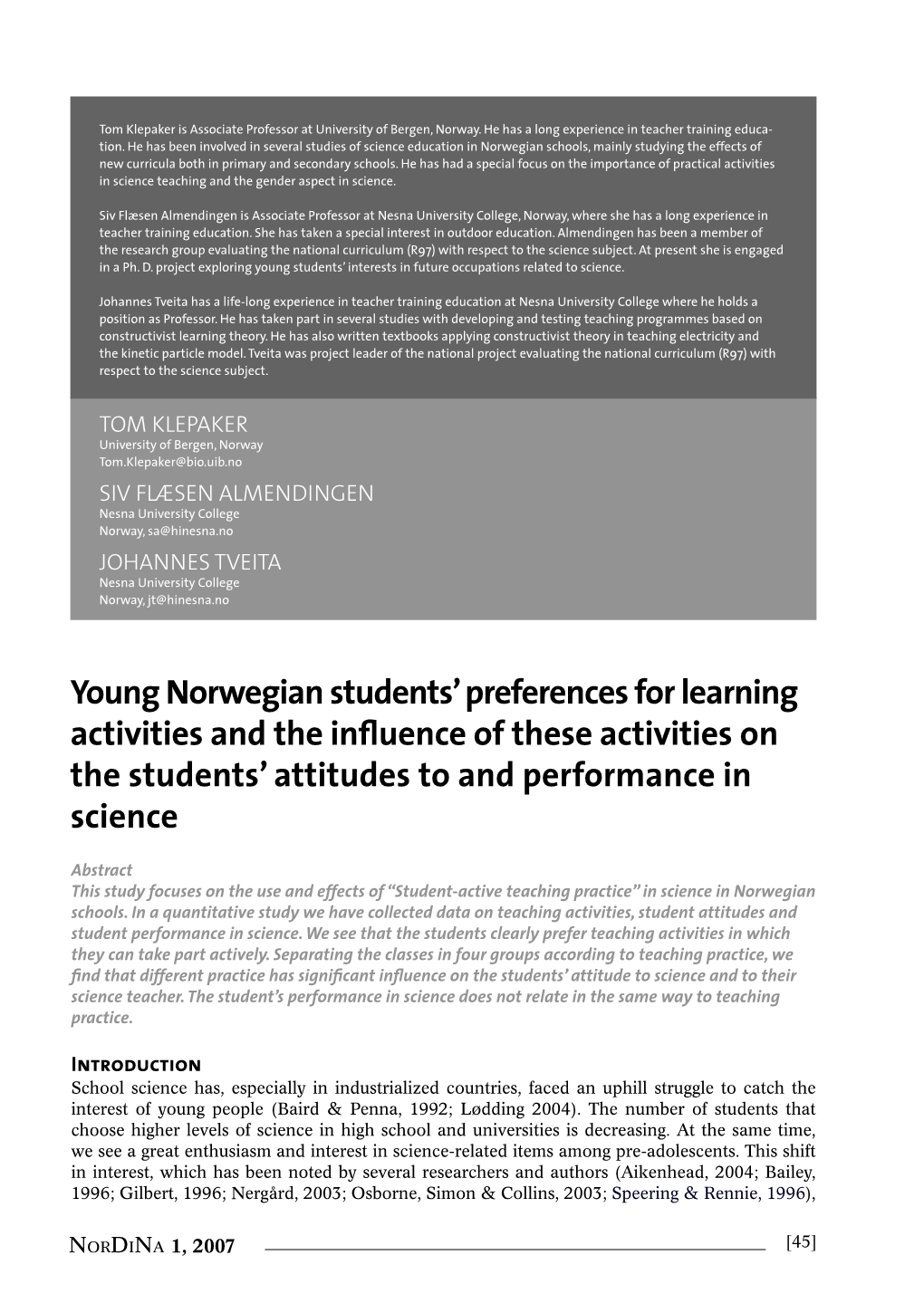 Young Norwegian Students' Preferences for Learning Activities