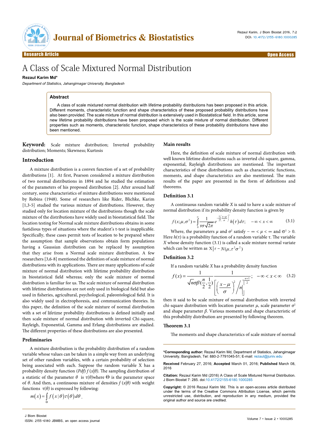 A Class of Scale Mixtured Normal Distribution Rezaul Karim Md* Department of Statistics, Jahangirnagar University, Bangladesh