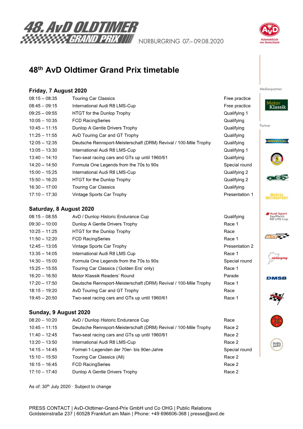 48Th Avd Oldtimer Grand Prix Timetable