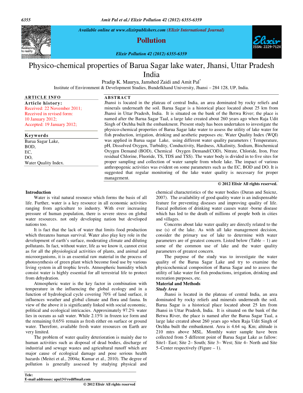 Physico-Chemical Properties of Barua Sagar Lake Water, Jhansi, Uttar Pradesh India Pradip K