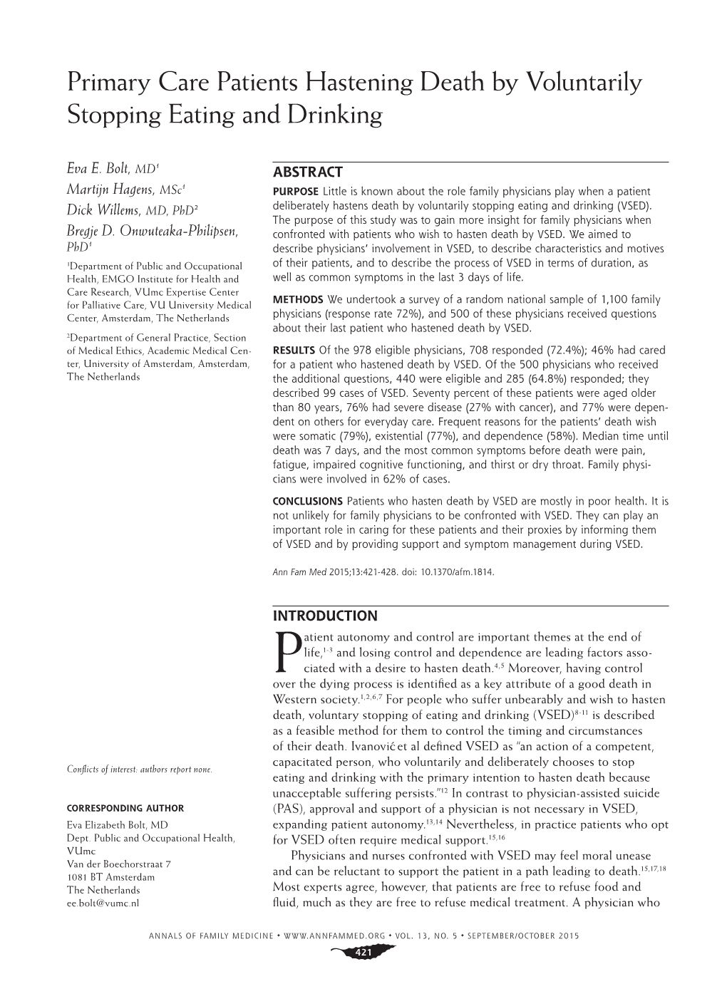 Primary Care Patients Hastening Death by Voluntarily Stopping Eating and Drinking