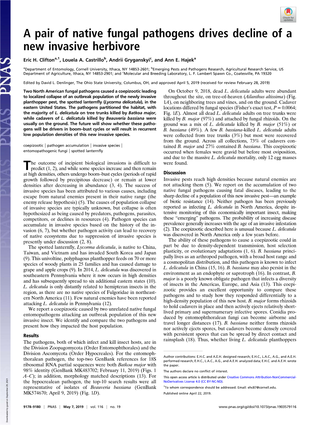 A Pair of Native Fungal Pathogens Drives Decline of a New Invasive Herbivore