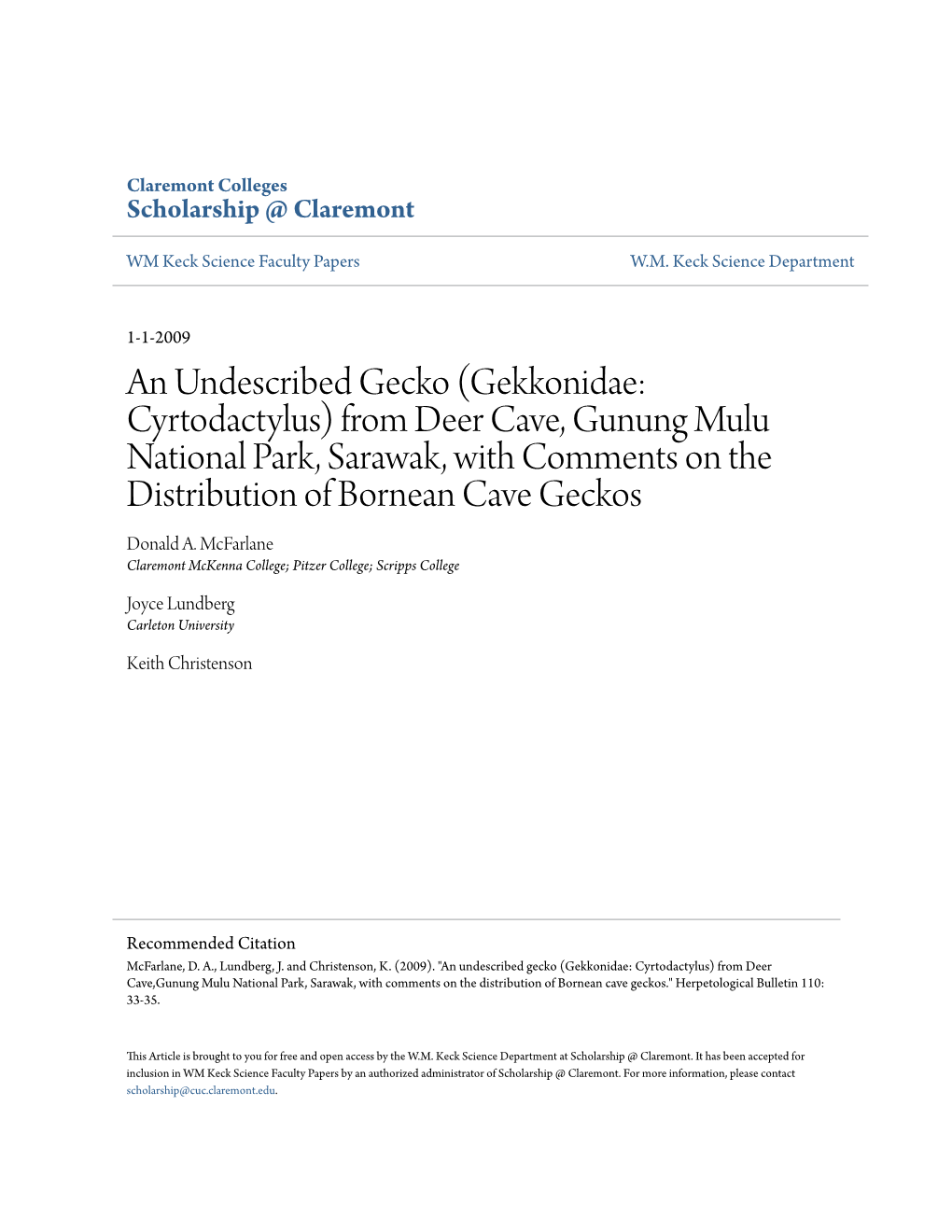 An Undescribed Gecko (Gekkonidae: Cyrtodactylus) from Deer Cave, Gunung Mulu National Park, Sarawak, with Comments on the Distribution of Bornean Cave Geckos Donald A