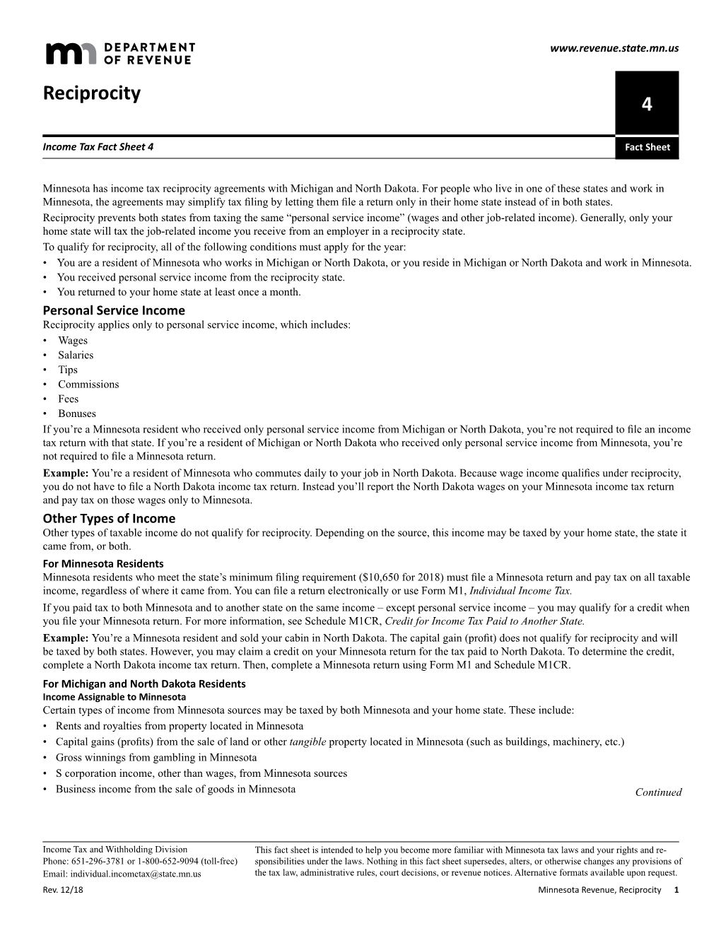 Income Tax Fact Sheet 4, Reciprocity