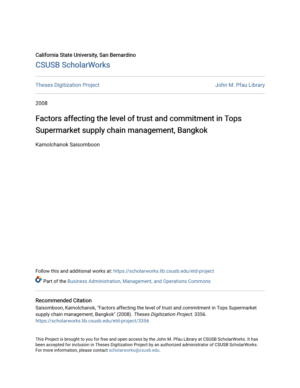 Factors Affecting the Level of Trust and Commitment in Tops Supermarket Supply Chain Management, Bangkok