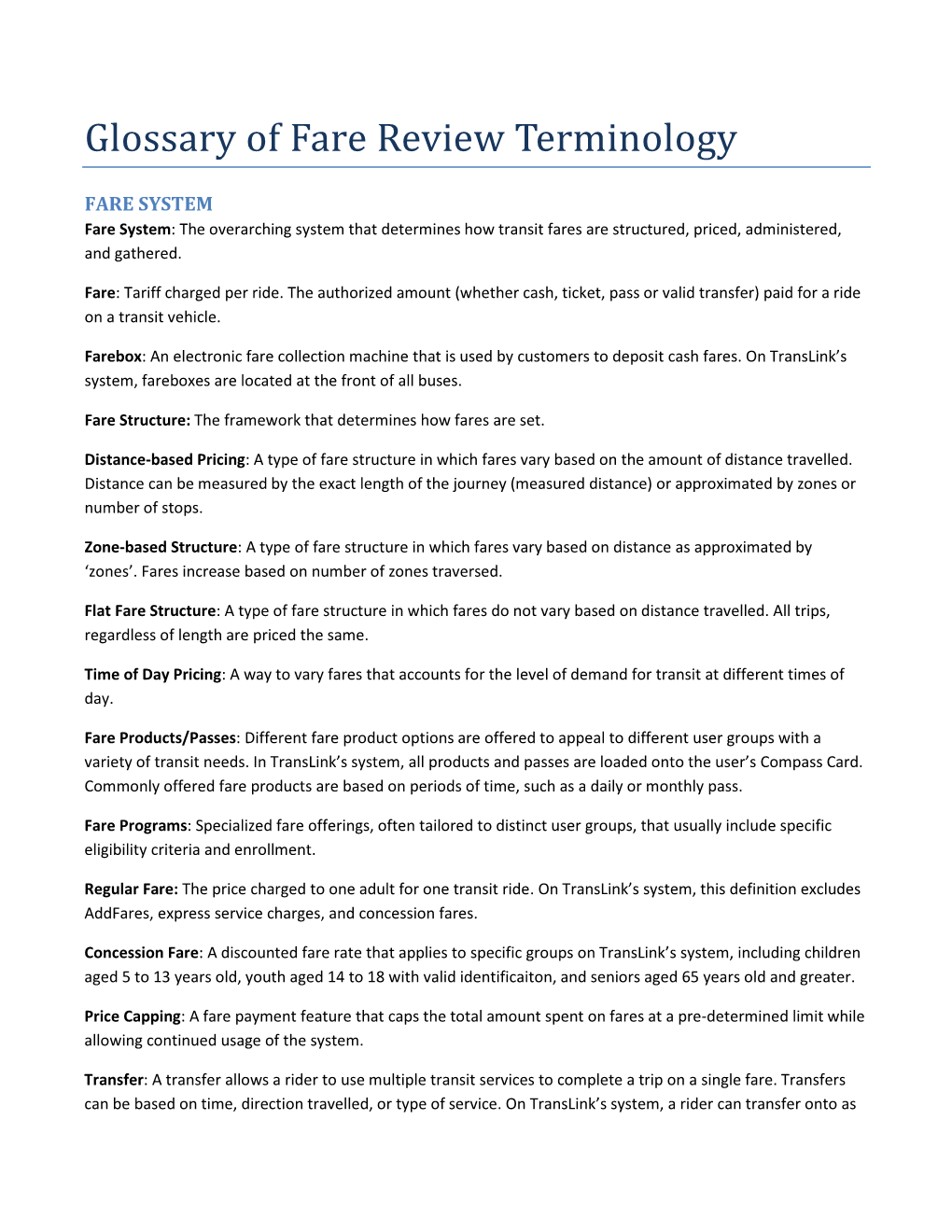 Glossary of Fare Review Terminology