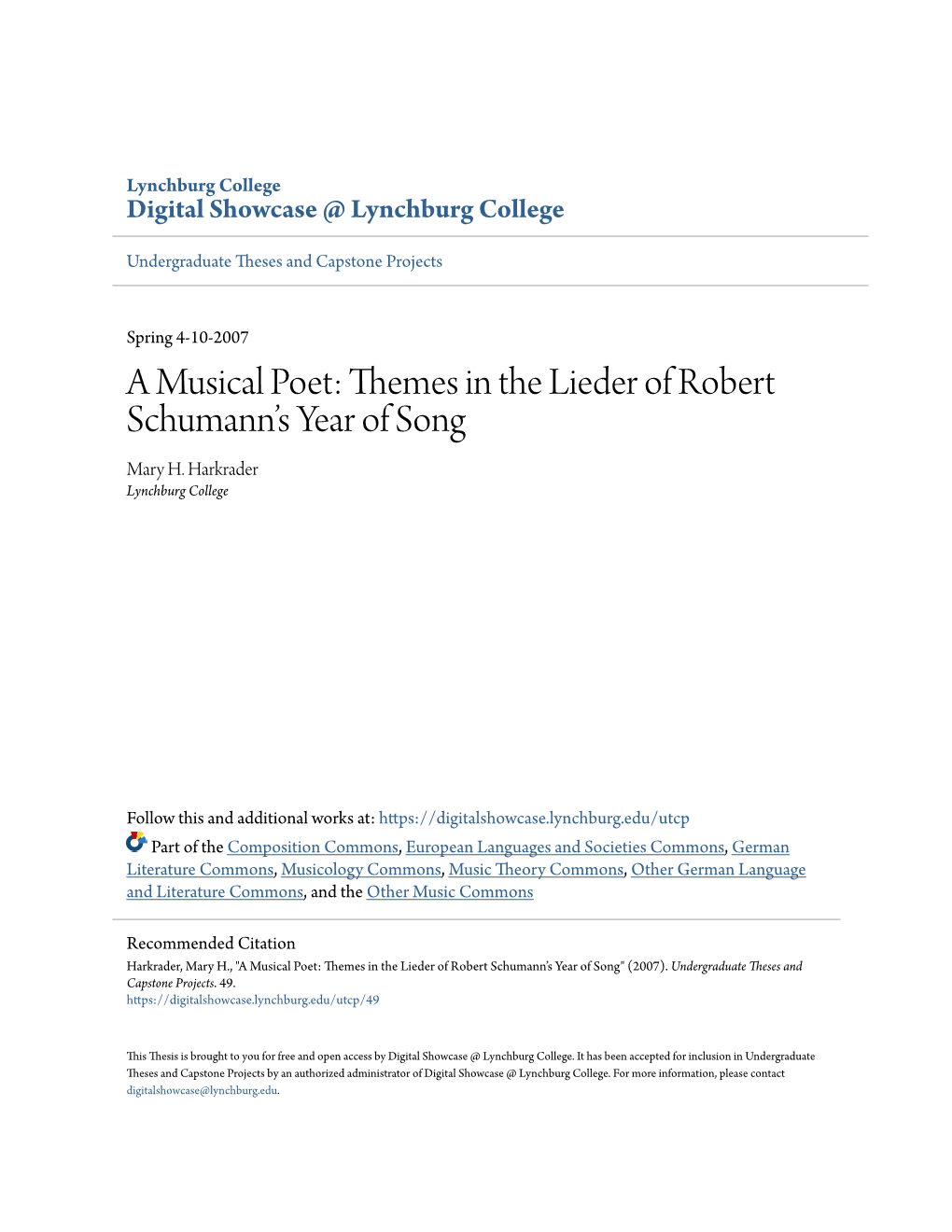 A Musical Poet: Themes in the Lieder of Robert Schumann's Year of Song