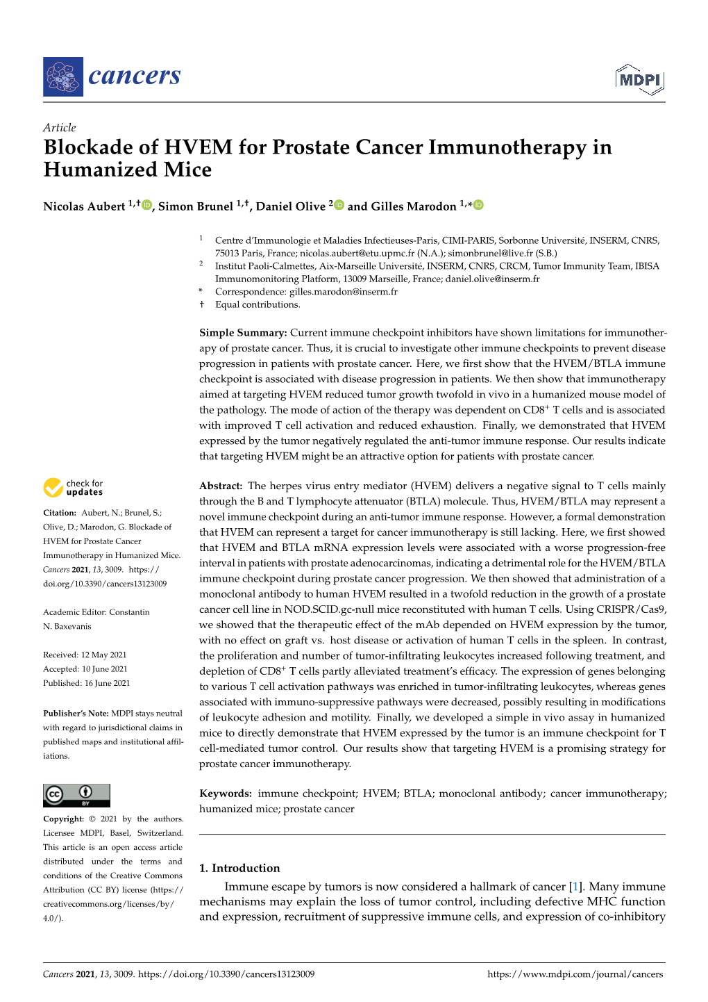 Blockade of HVEM for Prostate Cancer Immunotherapy in Humanized Mice