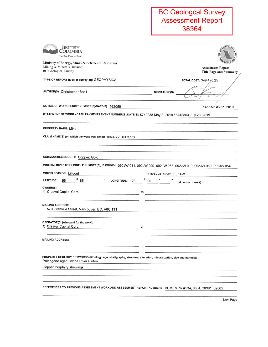 BC Geologcal Survey Assessment Report 38364