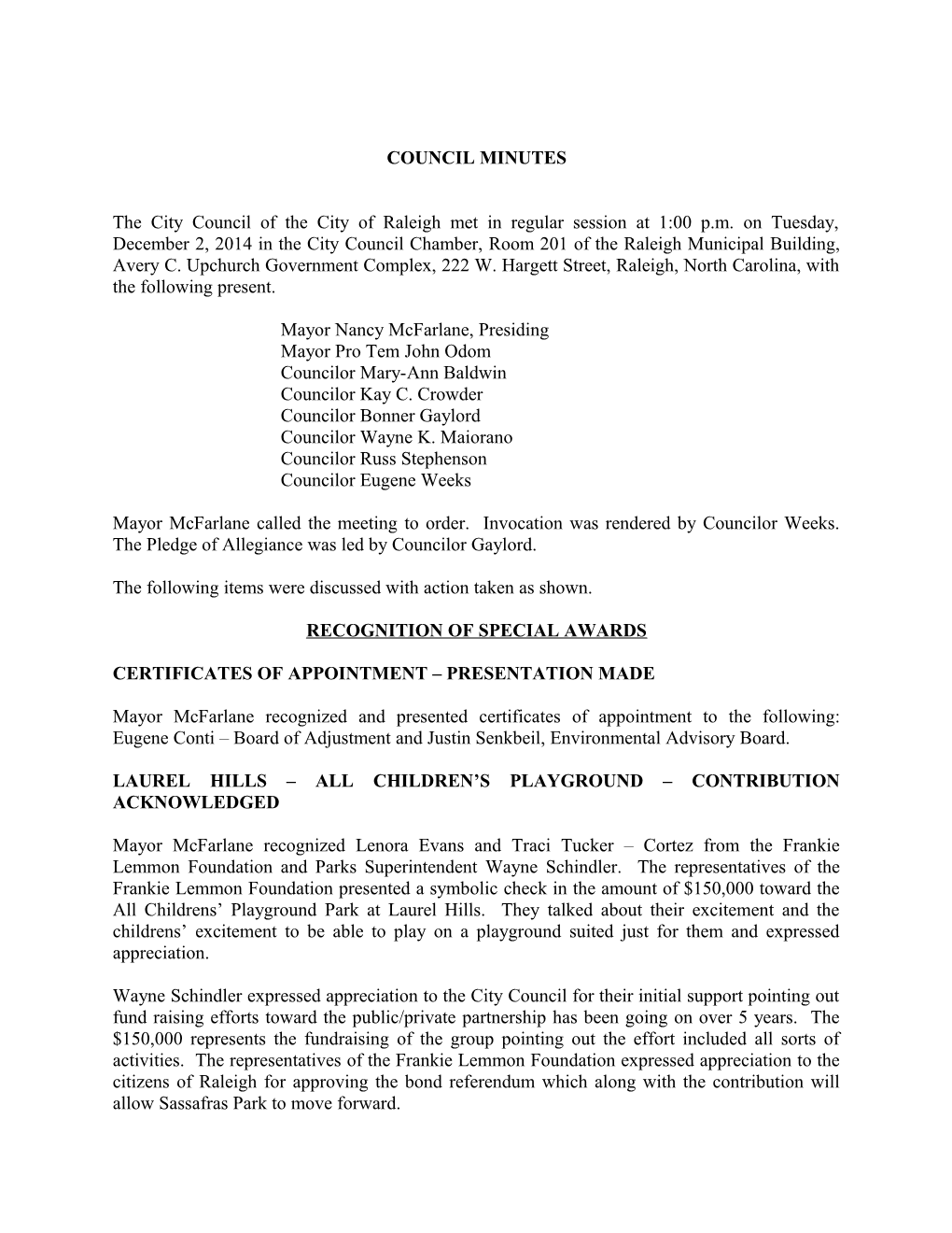 Raleigh City Council Minutes - 12/02/2014