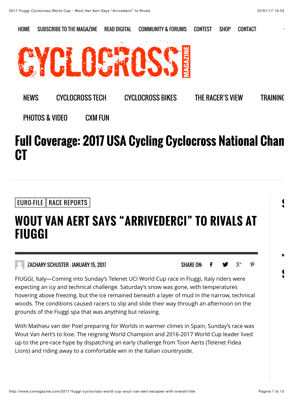 2017 Fiuggi Cyclocross World Cup - Wout Van Aert Says “Arrivederci” to Rivals 22/01/17 19:23