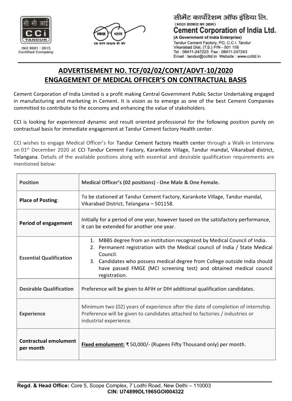 Advertisement No. Tcf/02/02/Cont/Advt-10/2020 Engagement of Medical Officer’S on Contractual Basis