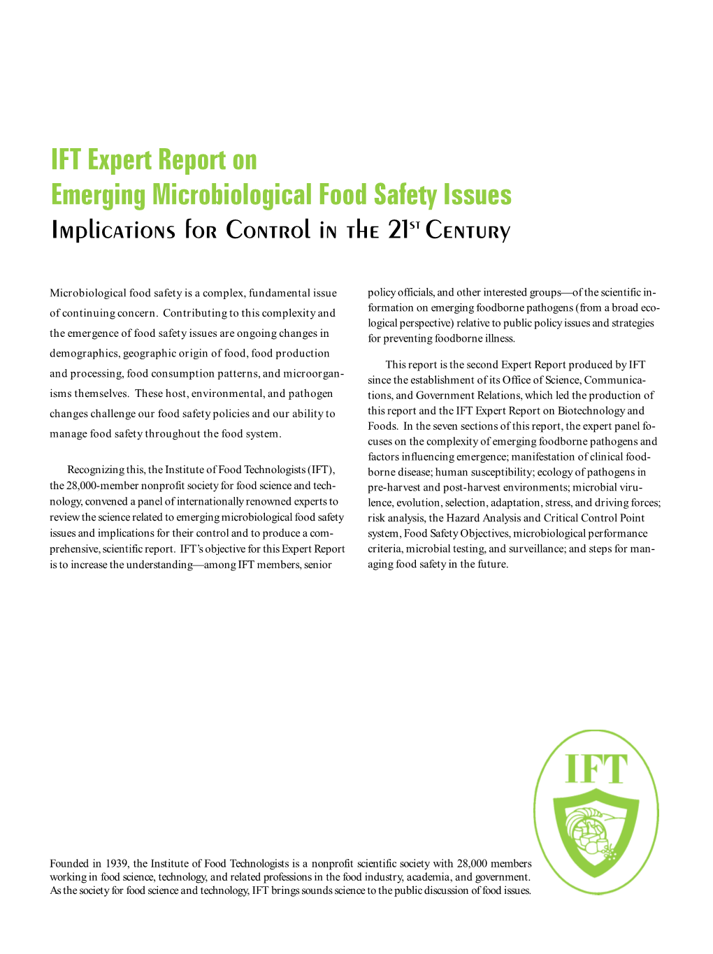 IFT Expert Report on Emerging Microbiological Food Safety Issues Implications for Control in the 21St Century