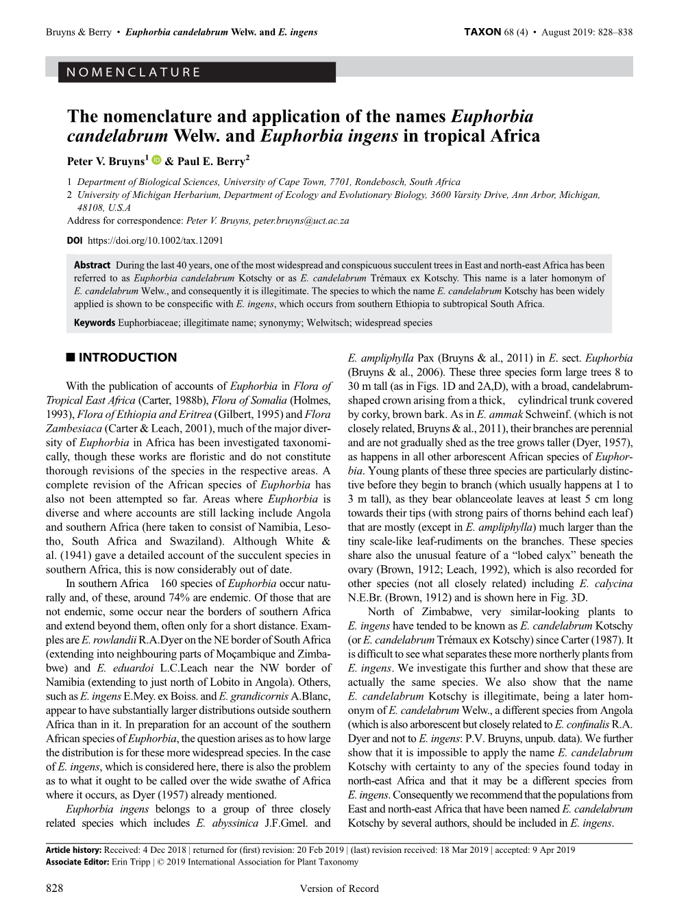 The Nomenclature and Application of the Names Euphorbia Candelabrum Welw