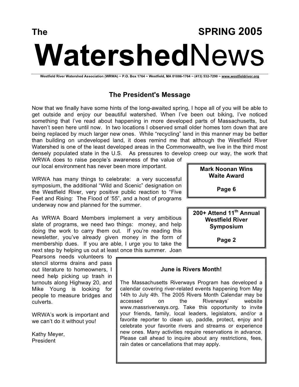Watershednews Westfield River Watershed Association (WRWA) ~ P.O
