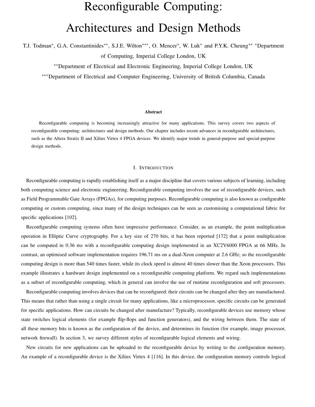 Reconfigurable Computing: Architectures and Design Methods