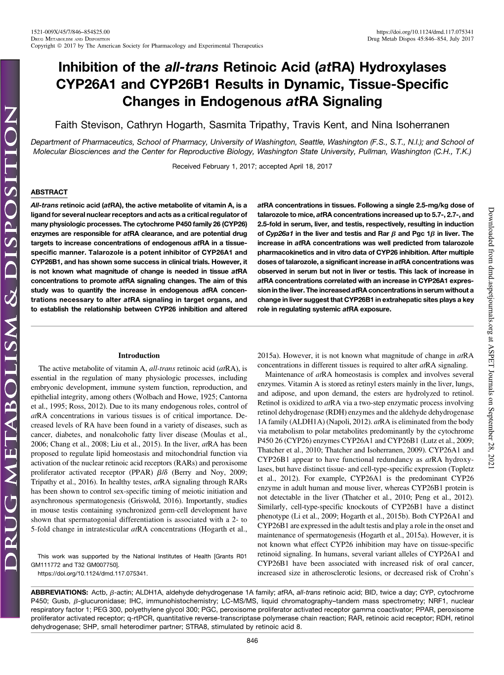 Atra) Hydroxylases CYP26A1 and CYP26B1 Results in Dynamic, Tissue-Specific Changes in Endogenous Atra Signaling