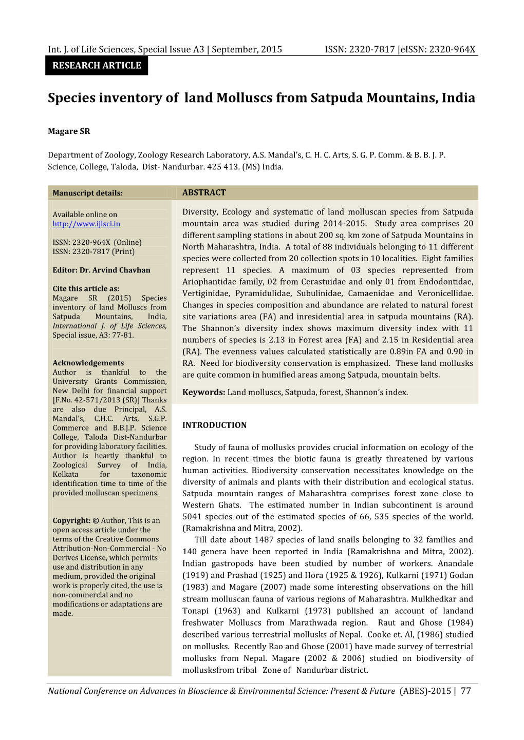 Species Inventory of Land Molluscs from Satpuda Mountains, India