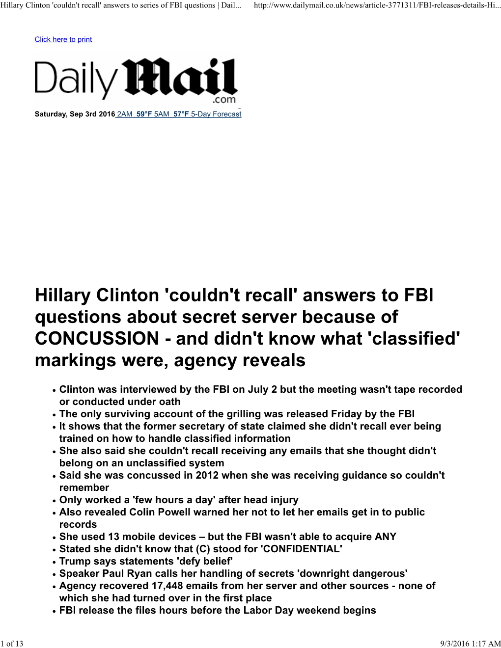 Hillary Clinton 'Couldn't Recall' Answers to Series of FBI Questions | Dail