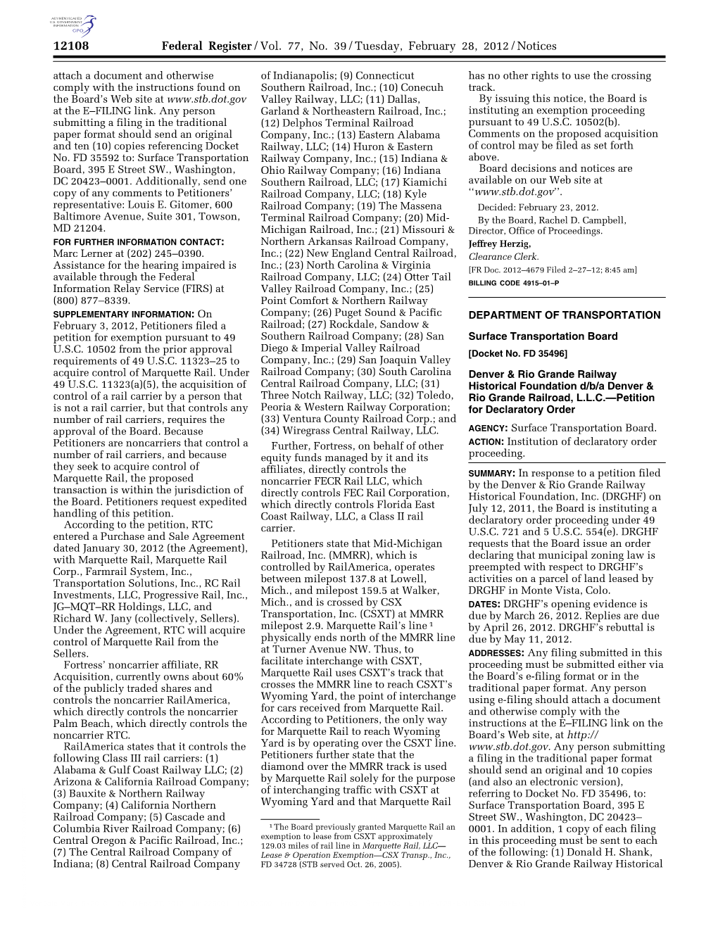 Federal Register/Vol. 77, No. 39/Tuesday, February 28, 2012/Notices