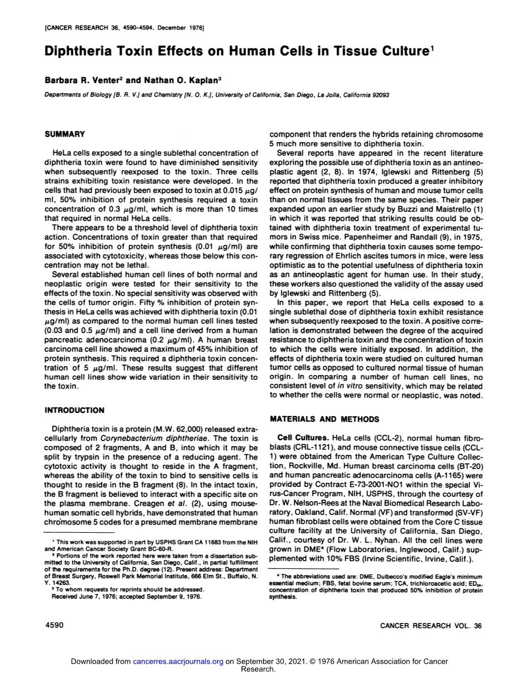 Diphtheria Toxin Effects on Human Cells in Tissue Culture1