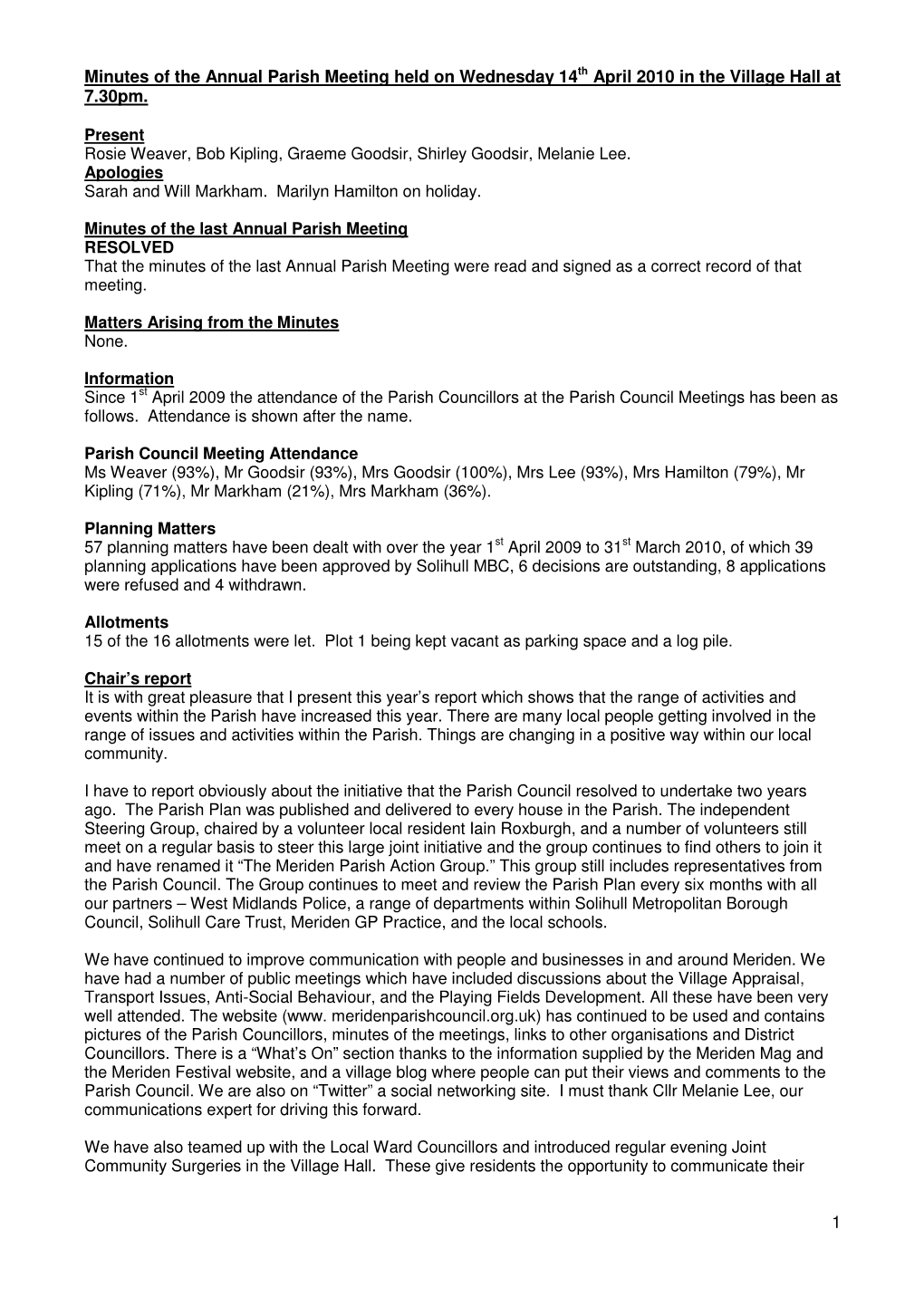 1 Minutes of the Annual Parish Meeting Held on Wednesday 14Th April 2010 in the Village Hall at 7.30Pm