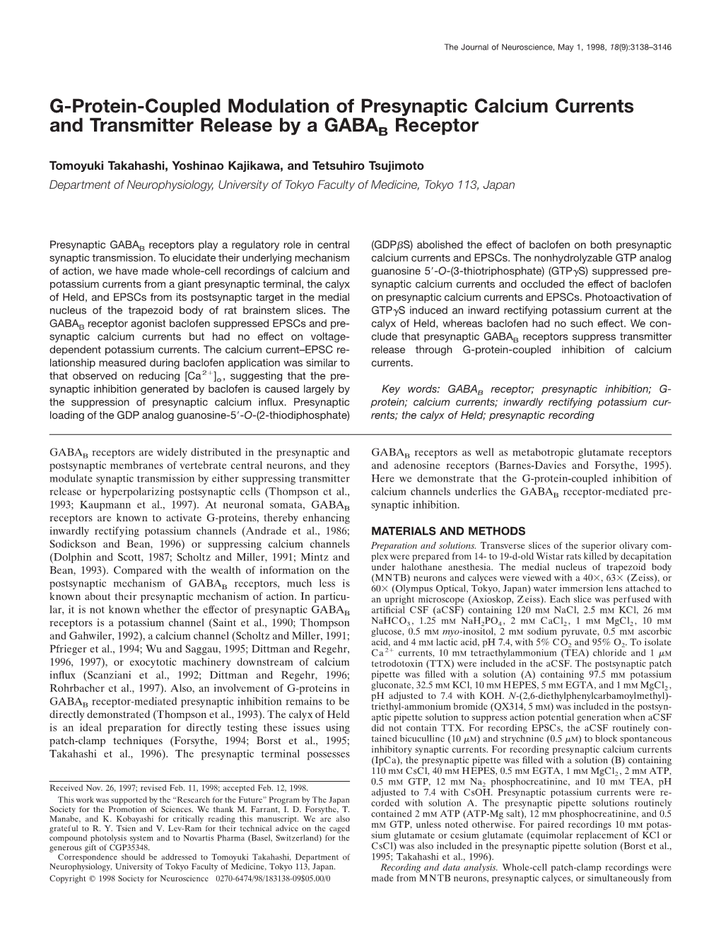 G-Protein-Coupled Modulation of Presynaptic Calcium Currents and Transmitter Release by a GABAB Receptor