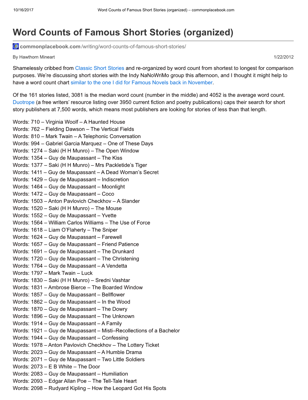 Word Counts of Famous Short Stories (Organized) – Commonplacebook.Com