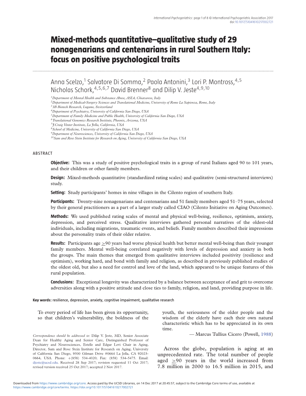 Mixed-Methods Quantitative–Qualitative Study of 29 Nonagenarians and Centenarians in Rural Southern Italy: Focus on Positive Psychological Traits