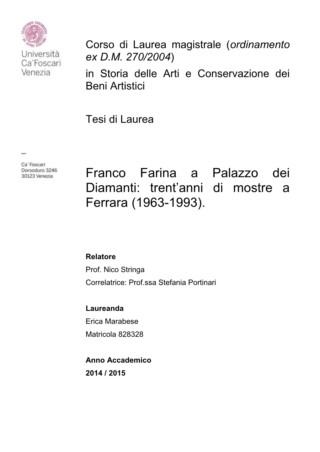 Franco Farina a Palazzo Dei Diamanti: Trent’Anni Di Mostre a Ferrara (1963-1993)