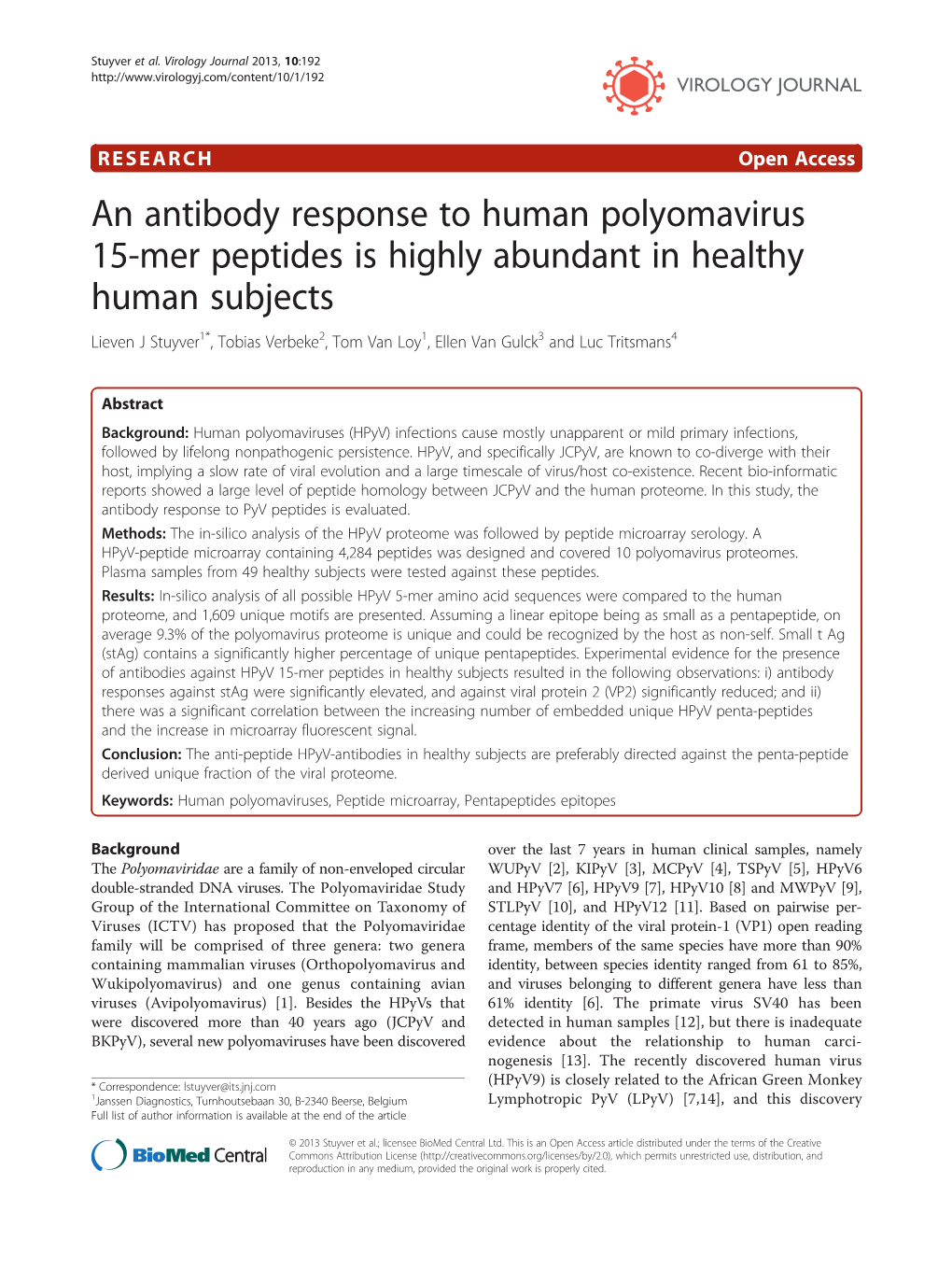 An Antibody Response to Human Polyomavirus 15-Mer Peptides Is Highly Abundant in Healthy Human Subjects