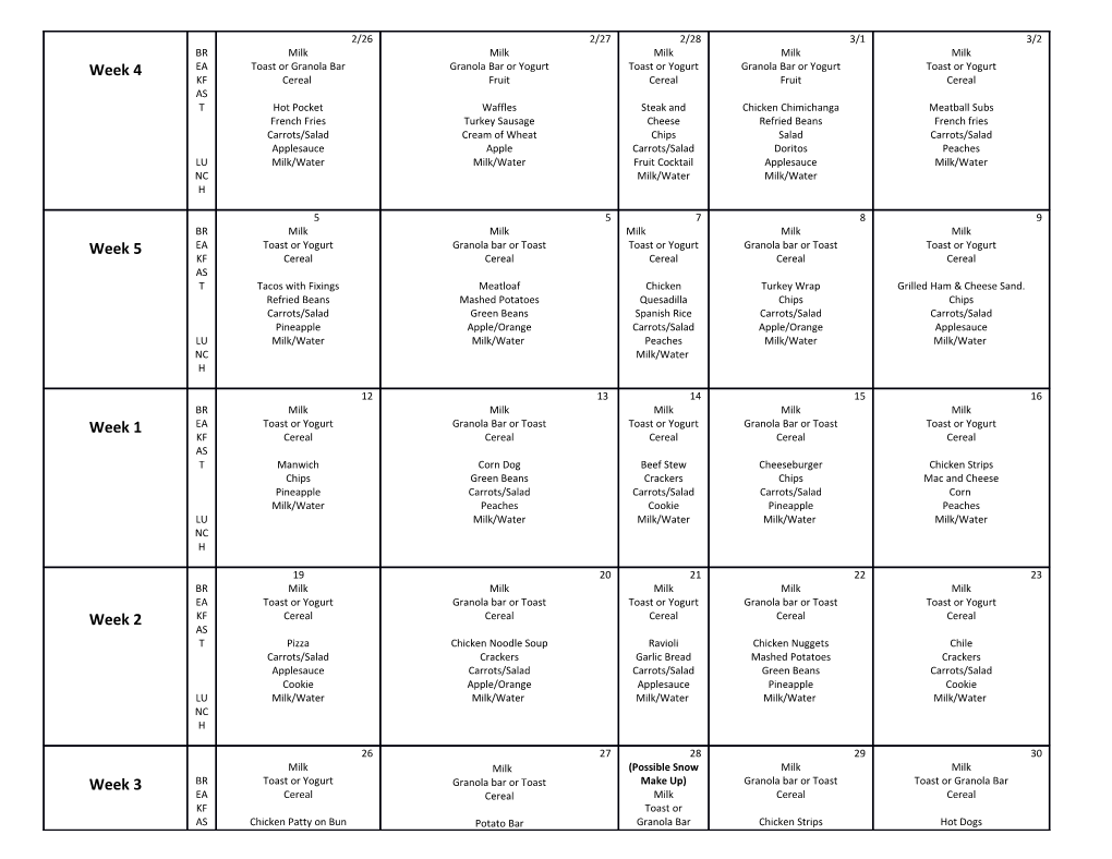 Elite Academy Menu March 2018